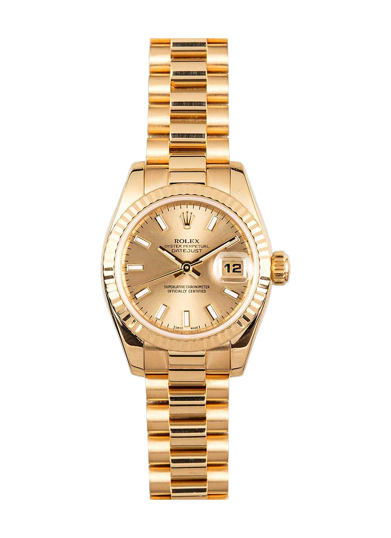 Rolex Women's President Yellow Gold Fluted Champagne Index Dial
