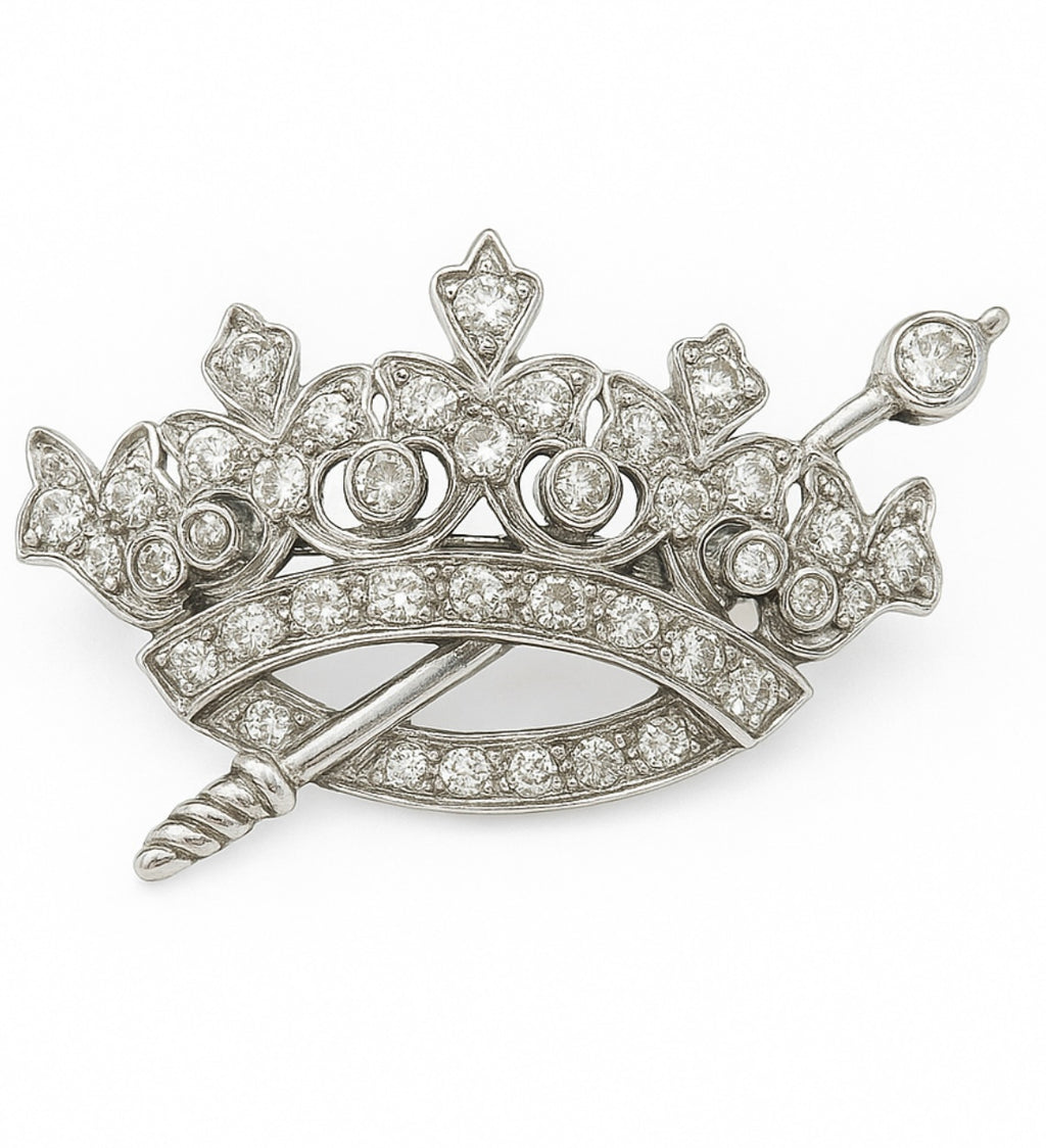 Vintage Platinum Crown and Scepter Brooch
