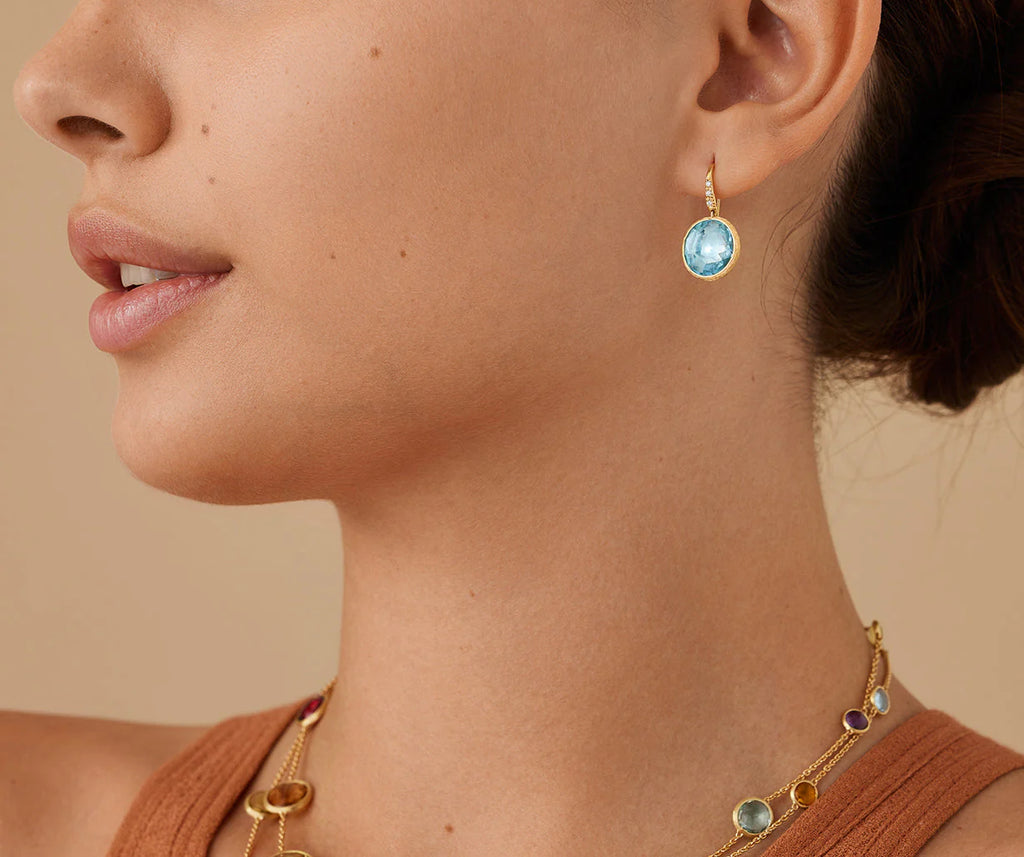 JAIPUR COLOR : 18K Yellow Gold Blue Topaz Drop Earrings with Diamonds