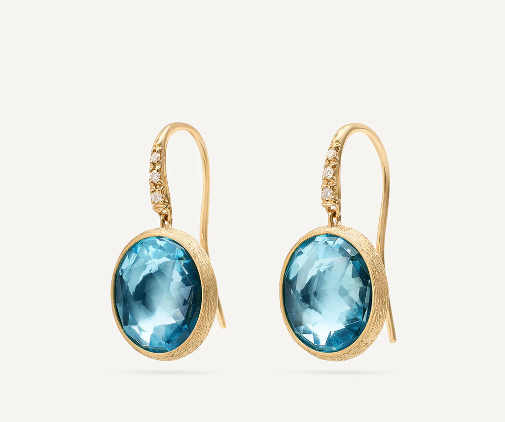 JAIPUR COLOR : 18K Yellow Gold Blue Topaz Drop Earrings with Diamonds