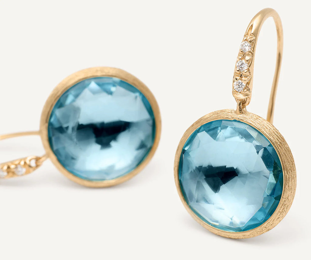 JAIPUR COLOR : 18K Yellow Gold Blue Topaz Drop Earrings with Diamonds