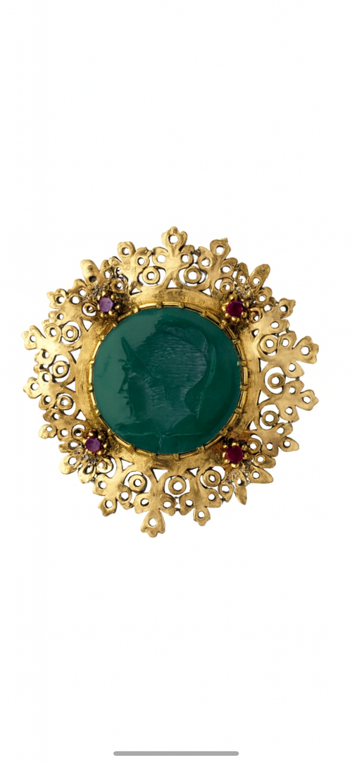 18k Gold Green Intaglio Brooch