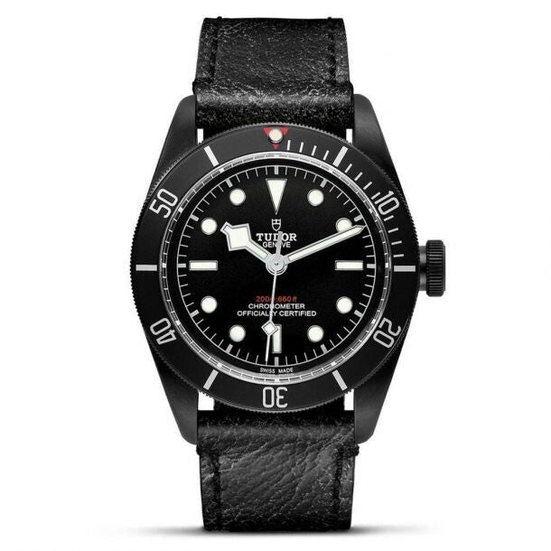Black Tudor watch with leather strap on a white background