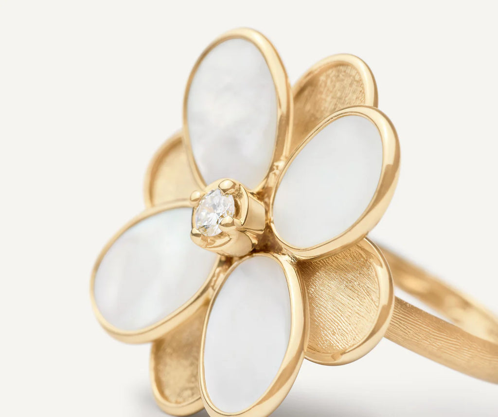 Petali: 18K Yellow Gold and Mother of Pearl Flower Ring with Diamonds by Marco Bicego