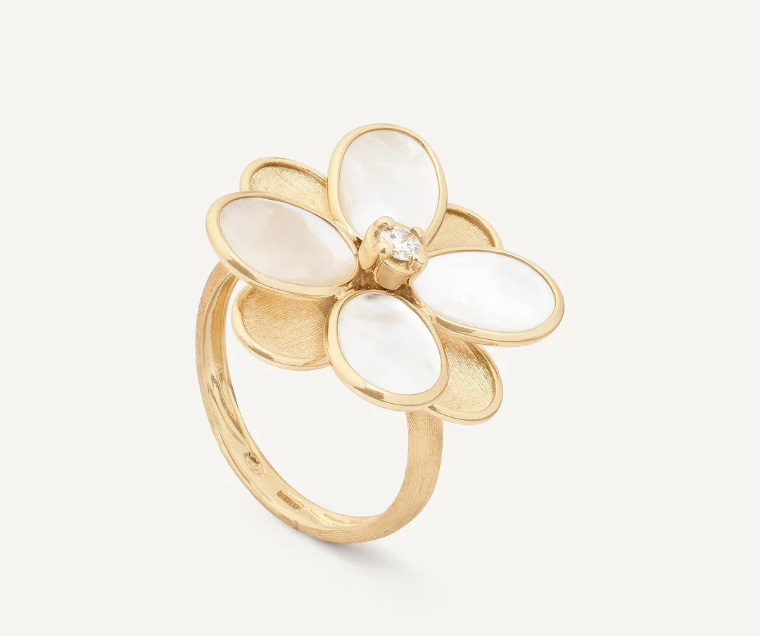 Petali: 18K Yellow Gold and Mother of Pearl Flower Ring with Diamonds by Marco Bicego